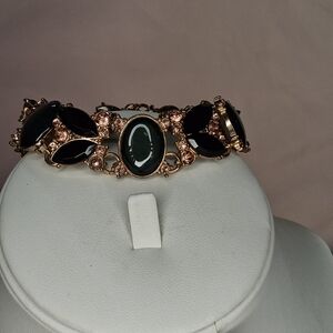 J Crew Green Cabochon Black Marquise Stone Pink Crystal Gold Tone Bracelet